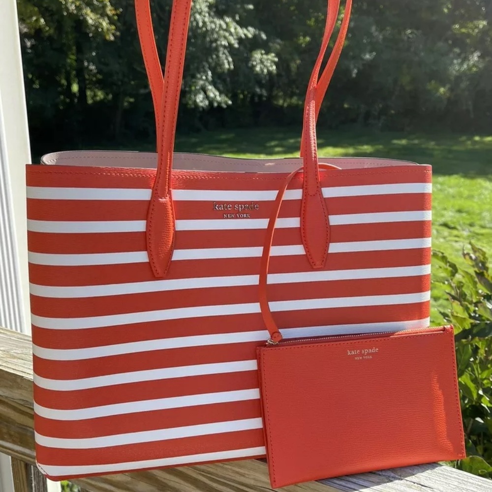 Kate Spade All Day Sailing Stripe Large Tote + Wristlet Tamarillo Orange White